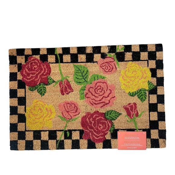 Pop of Color Floral Coir Doormat 24x36 Checkered Border Non Slip NEW - Picture 11 of 11